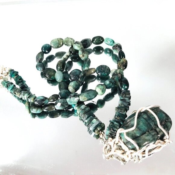 Genuine Emerald Gemstone Sterling Silver Necklace Pendant Wire Wrapped Natural - Picture 5 of 11